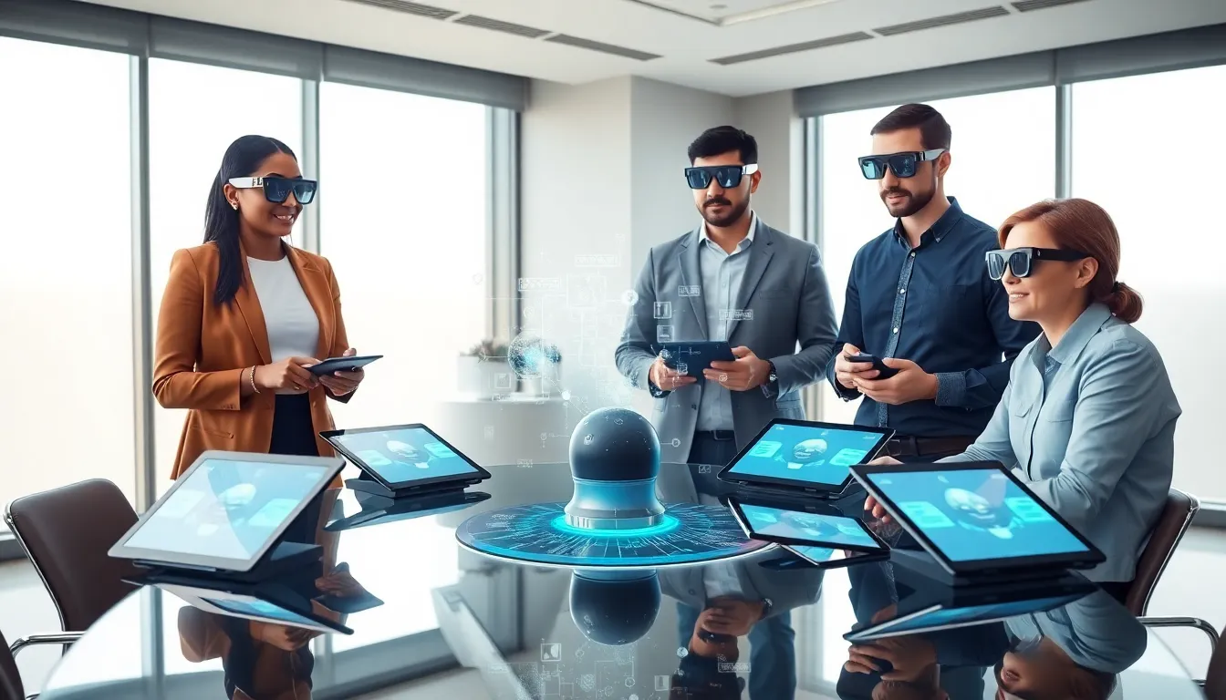diverse team using augmented reality training tools in a modern office.