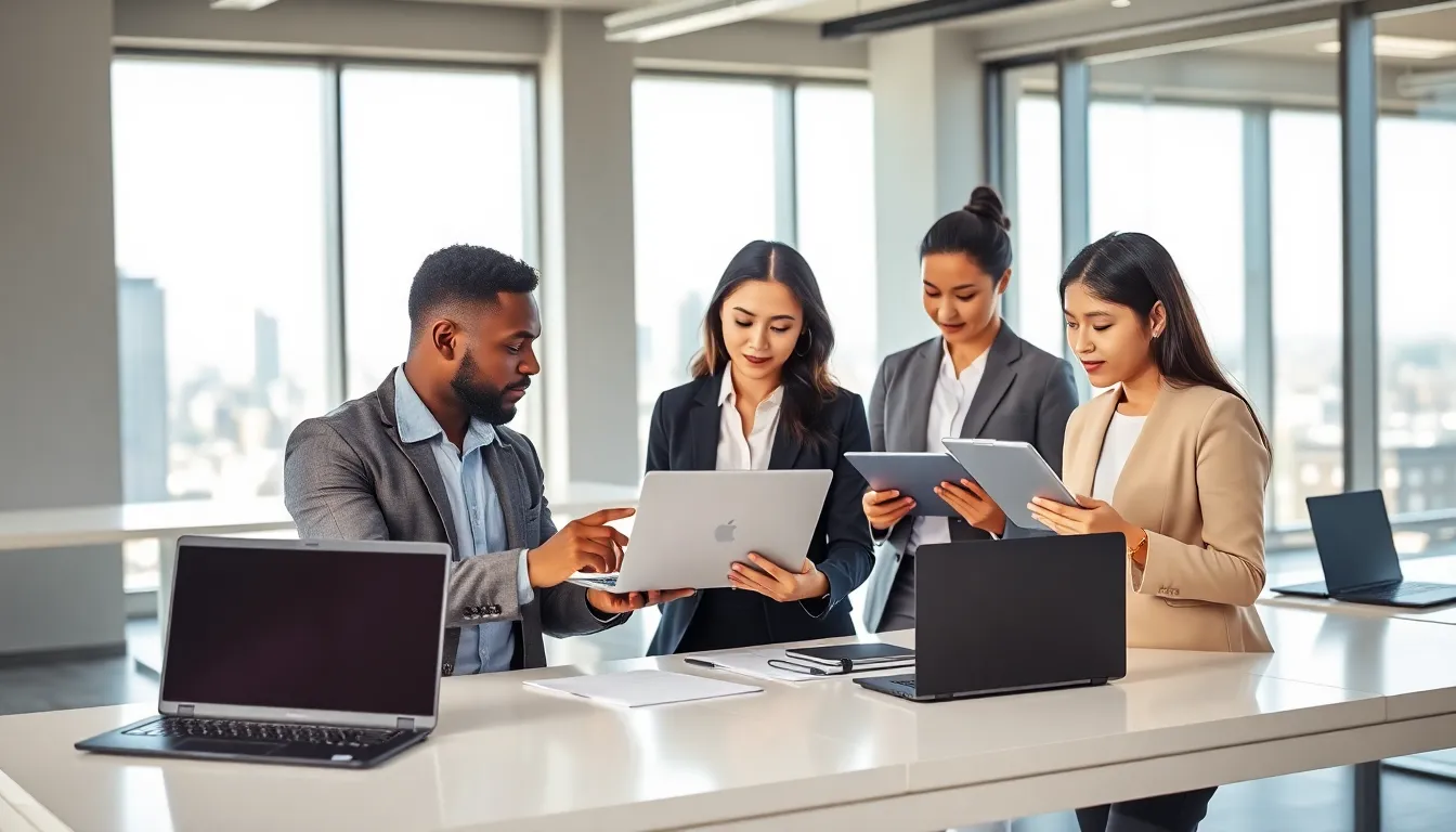 diverse team discussing laptop rental options in a modern office.