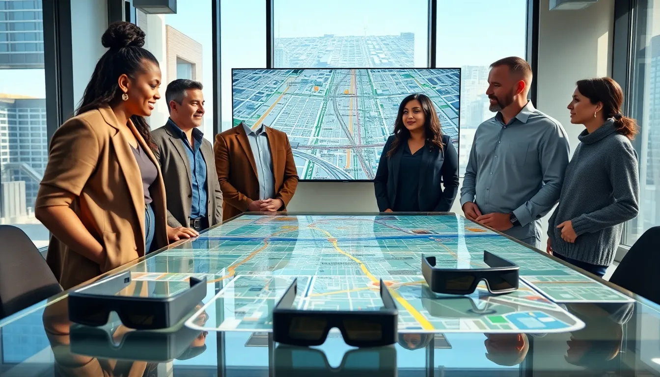 professionals using augmented reality for navigation in a modern office.