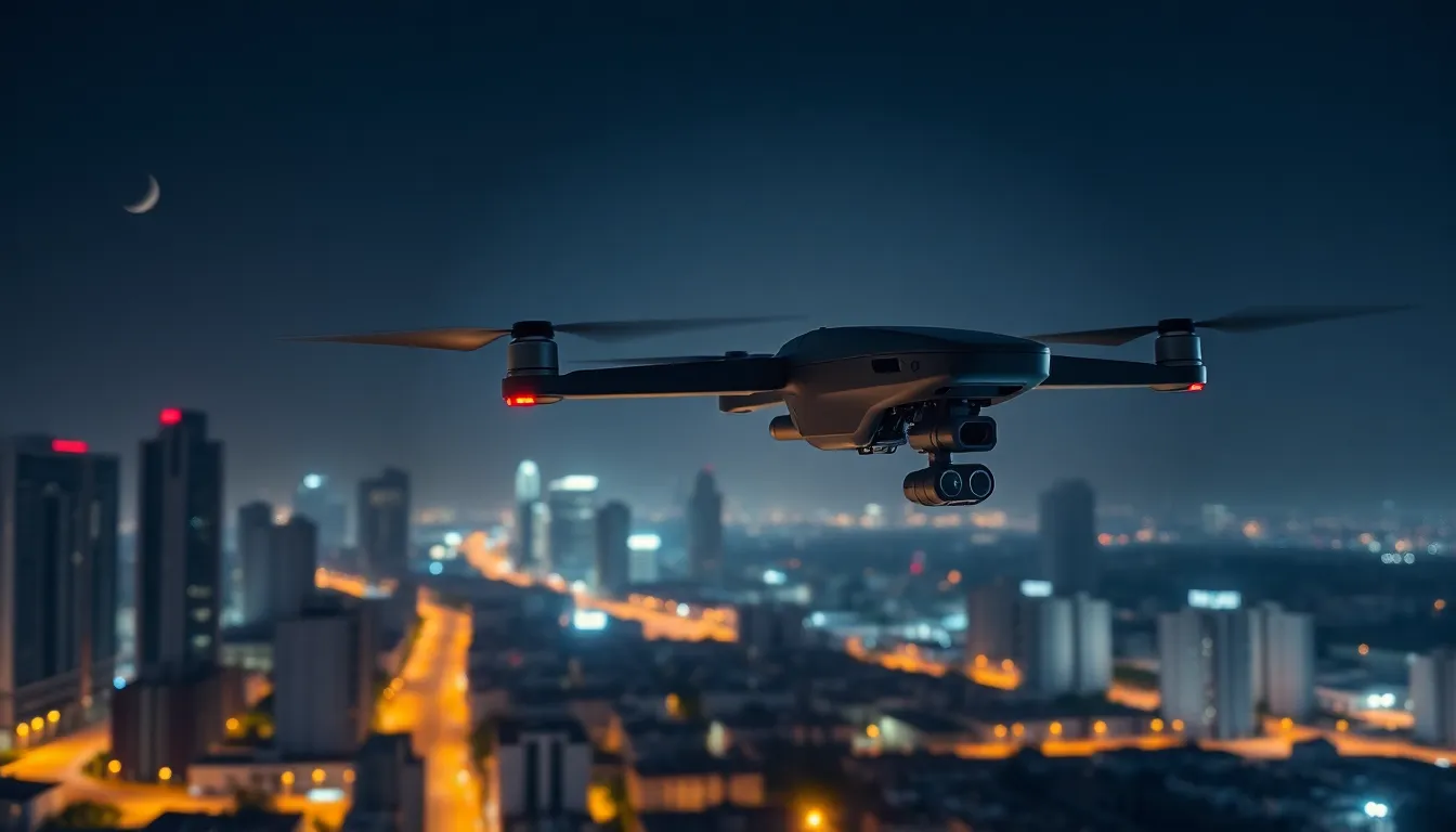 government drone flying over a city at night.