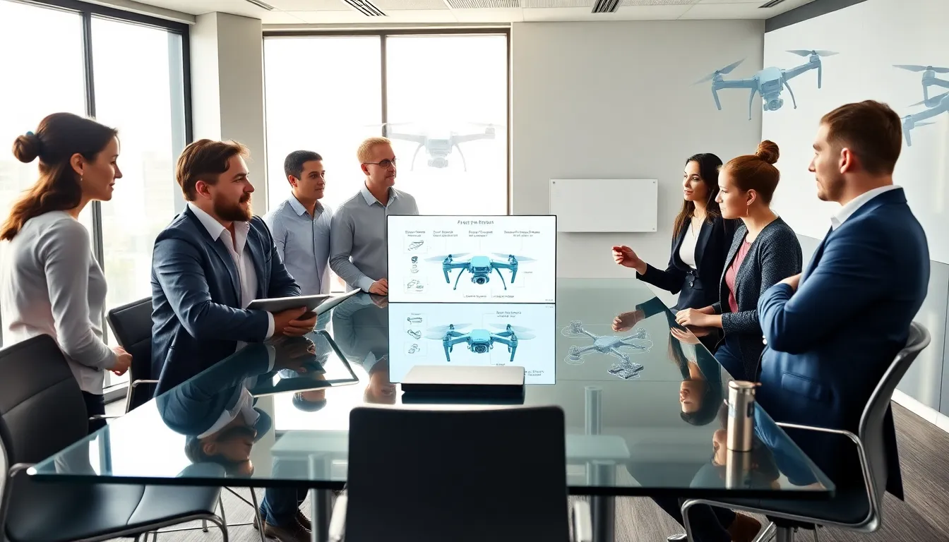diverse team discussing drone applications in a modern office setting.