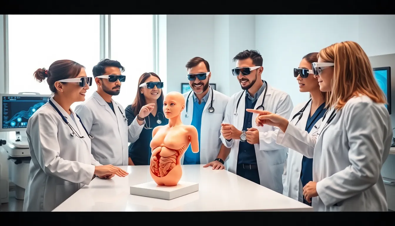 medical professionals using augmented reality technology in a modern healthcare setting.