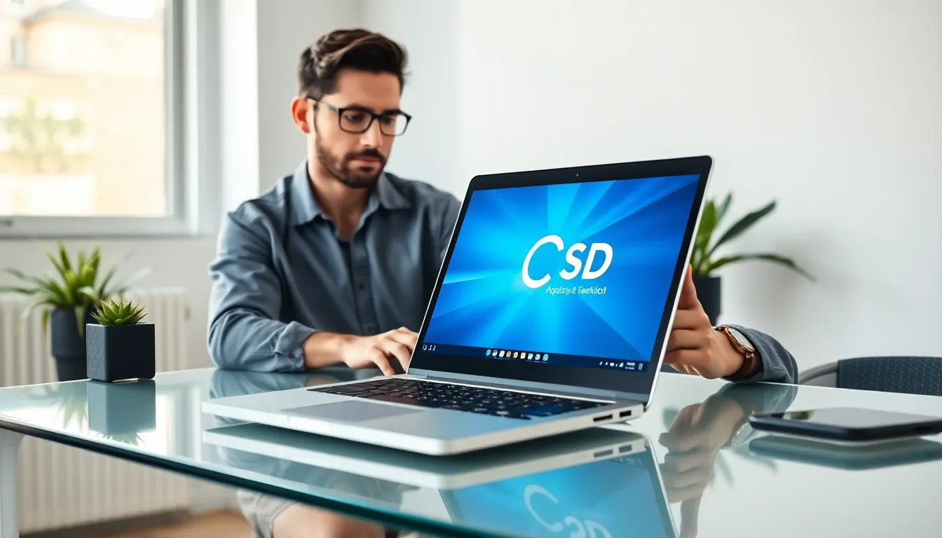 Professional using a laptop, showcasing SSD technology in a modern workspace.