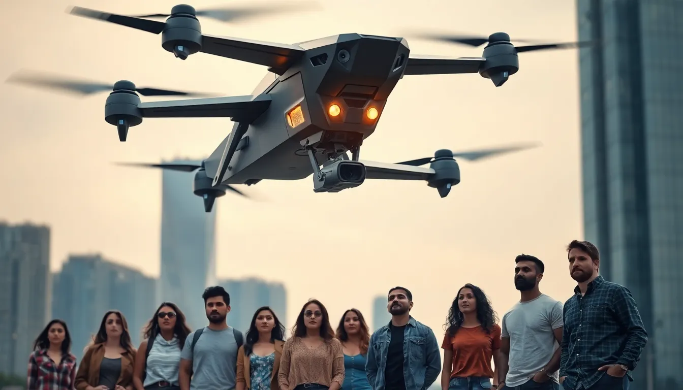 Futuristic drone flying above diverse people in a cityscape.