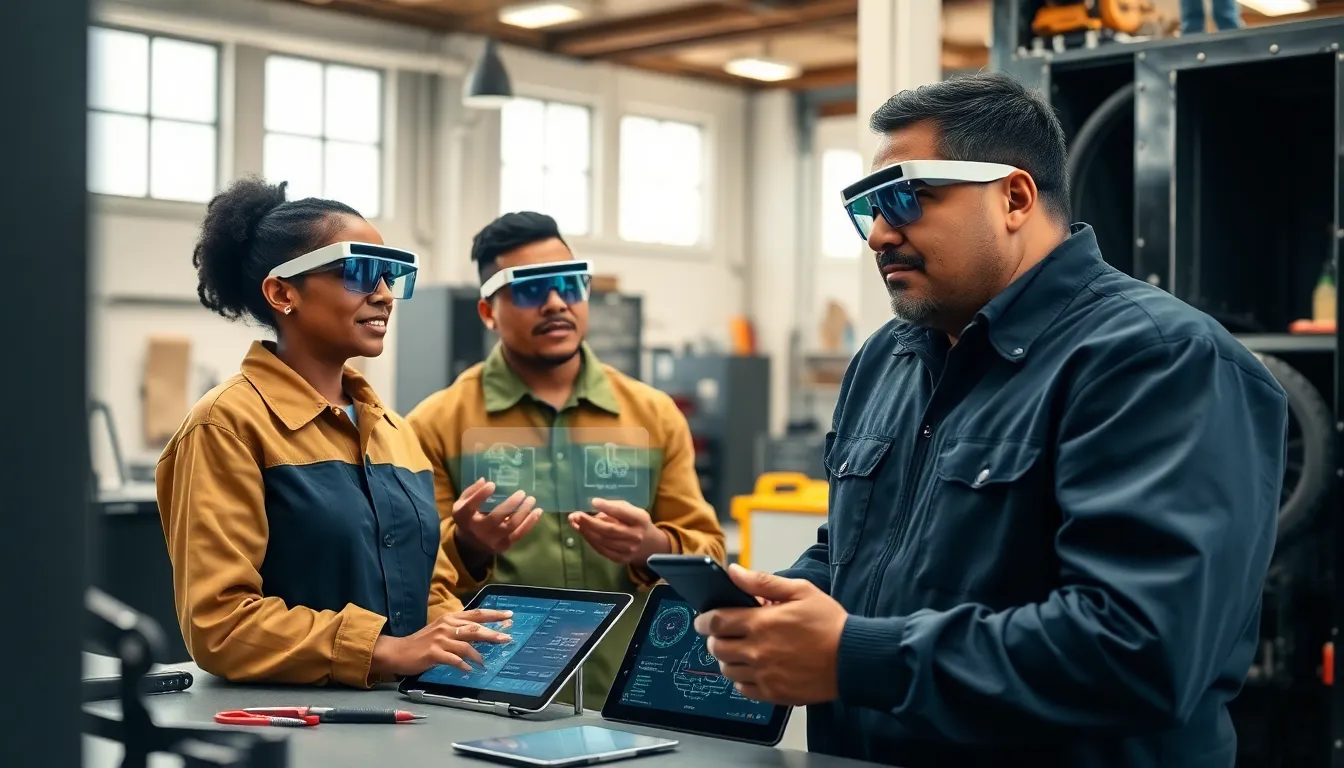 technicians using augmented reality in a modern workshop.