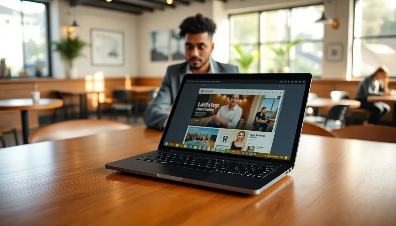A person using a 10 inch laptop in a stylish café.