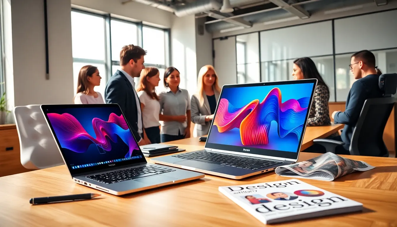 diverse team discussing graphic design in a modern office.