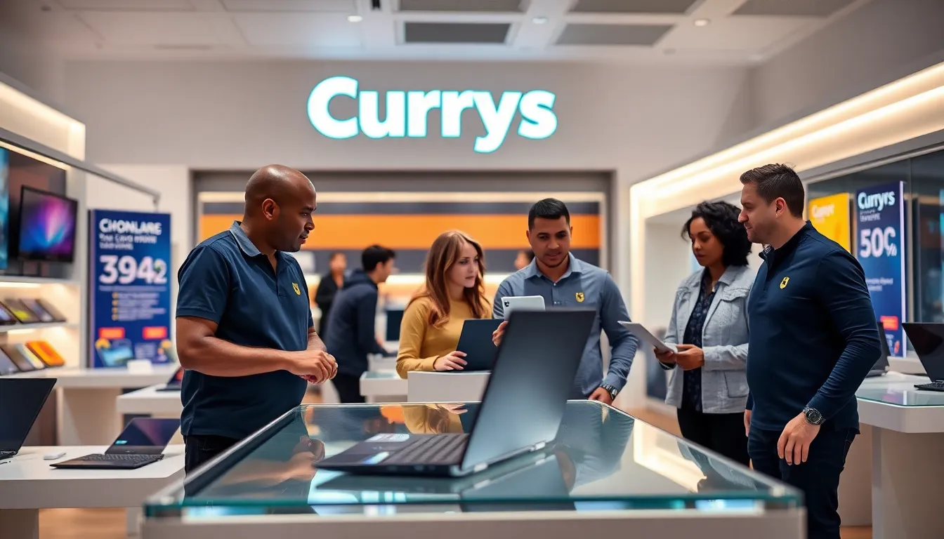 Currys store with a sales associate helping a customer choose a laptop.